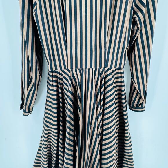 Vintage Albert Nipon Striped Button Front Midi Dress Brown Black Long Sleeve - Picture 6 of 9